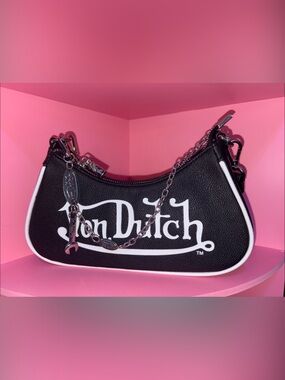 Von Dutch Black Shoulder Bag with White Logo and Silver Chain